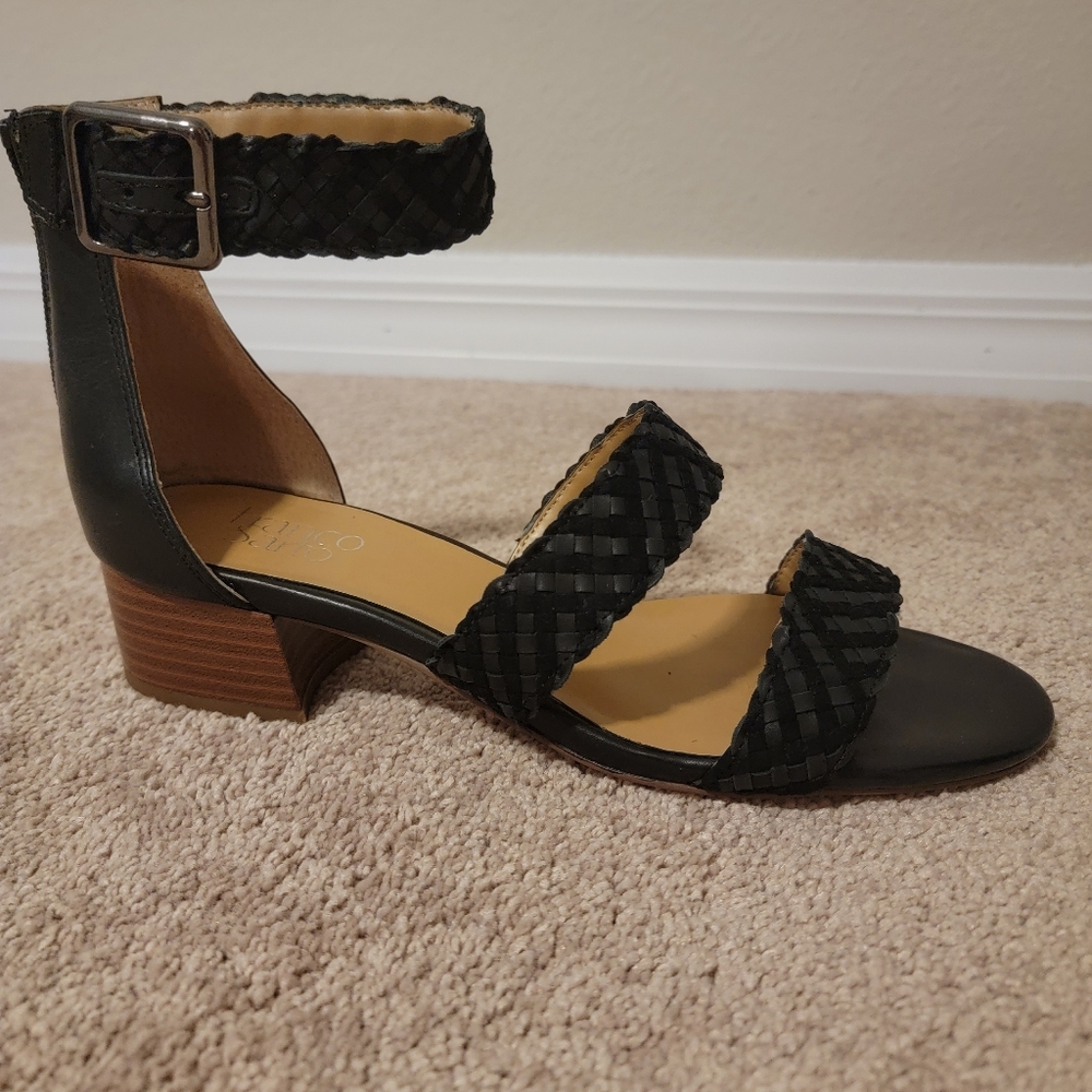 Franco Sarto Leather Woven Buckle & Zipper Back Black Tate Sandal